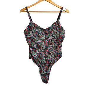 ISALIS BODYSUIT Womens Medium Black Green Pink Floral Print Ruched Tank Top